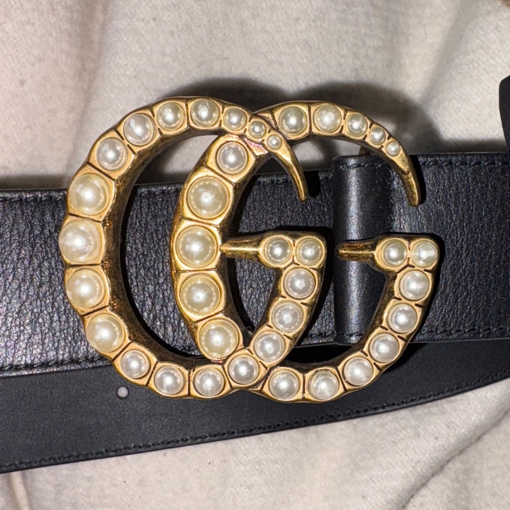 Gucci Moon Calfskin Pearl Double G 40mm Belt 75 30 Black Cream - Picture 4 of 10